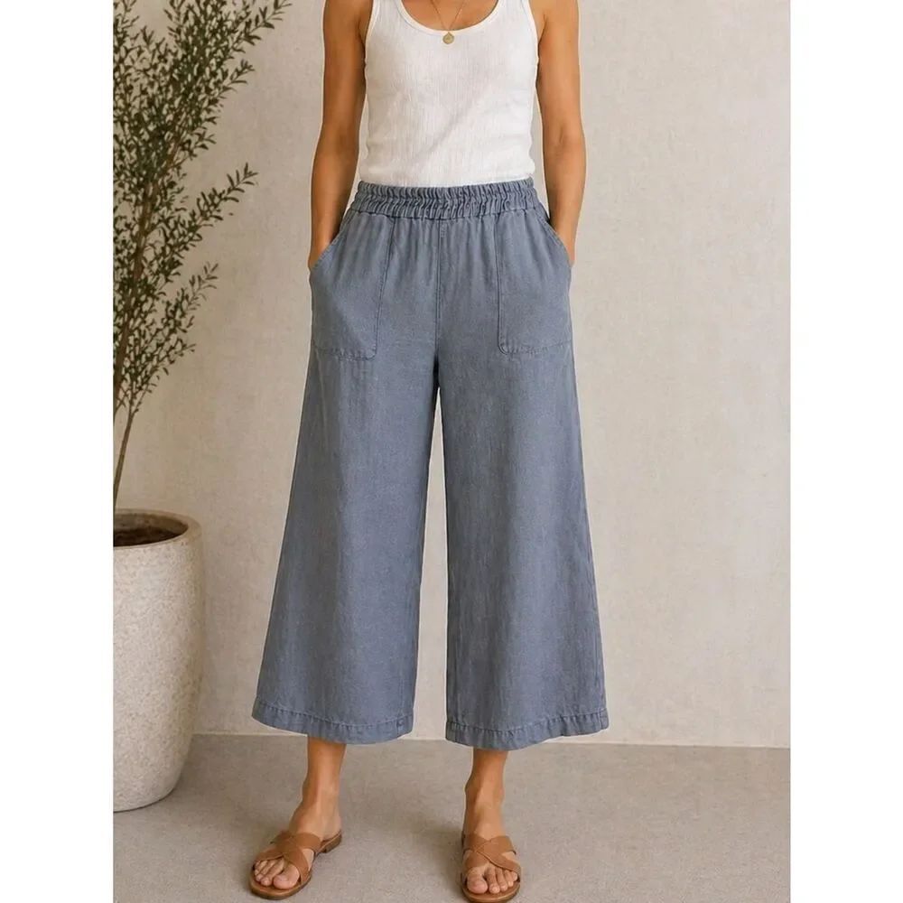 Joie Slate Blue Linen Lyocell Wide Leg Pull On Pants Pockets Women’s XL